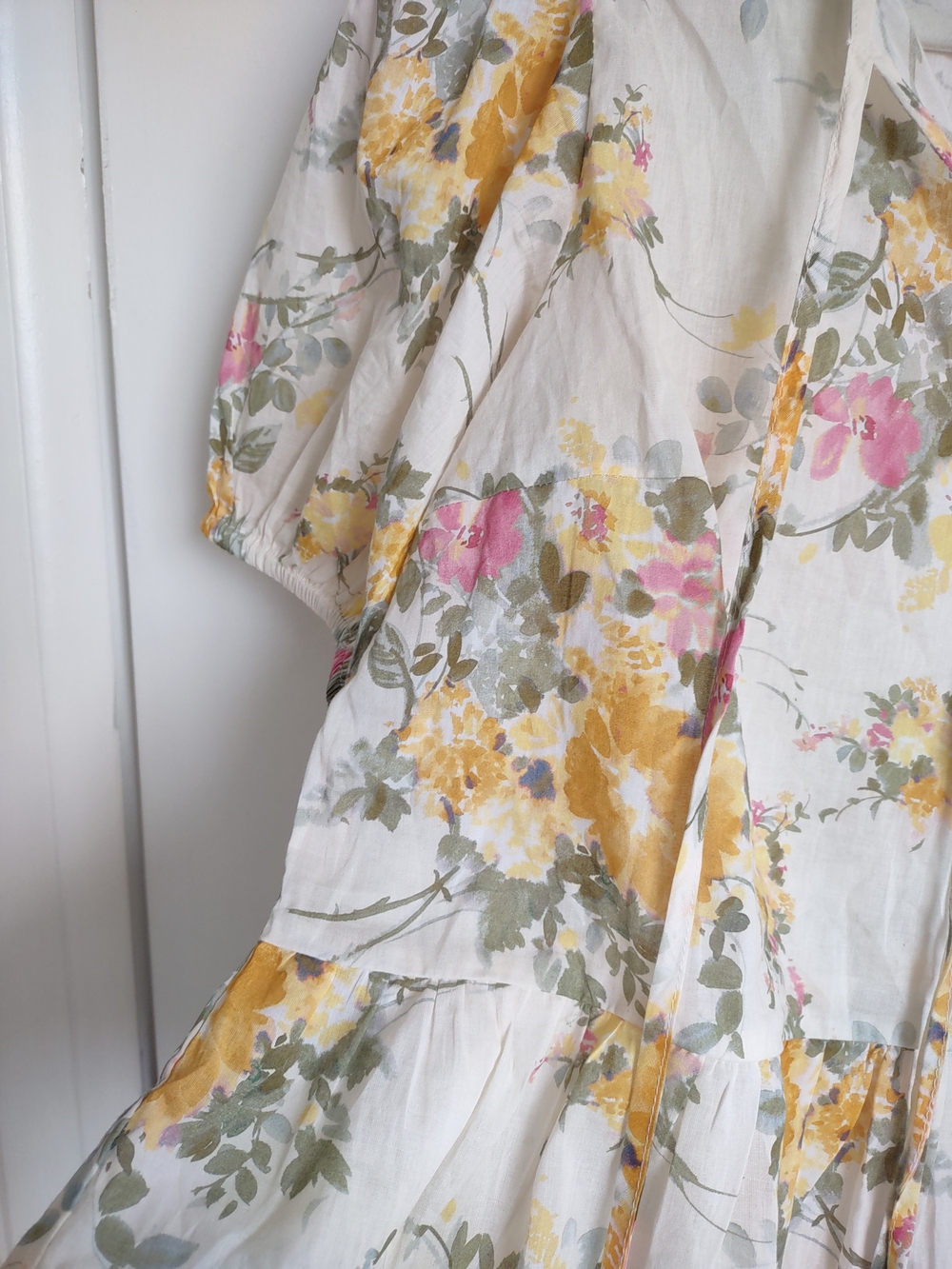 CeCe Cream Floral Peplum Cotton Blouse with Yellow & Pink Flowers - Picture 9 of 9
